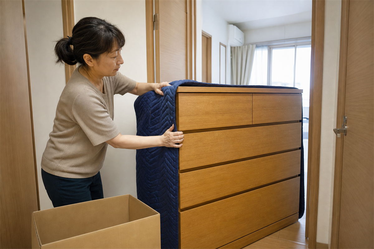 世田谷区の集合住宅で大型家具の搬出準備をする様子