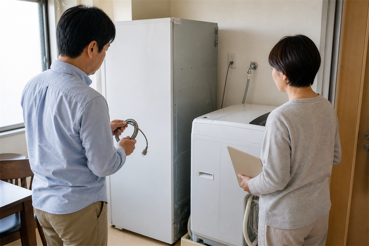 遺品整理で冷蔵庫と洗濯機を確認する日本人家族