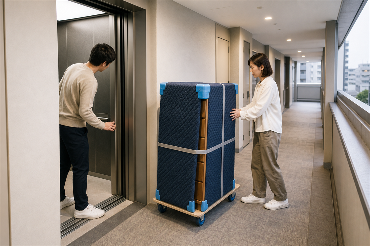 集合住宅から家財を搬出する前に経路を確認する様子