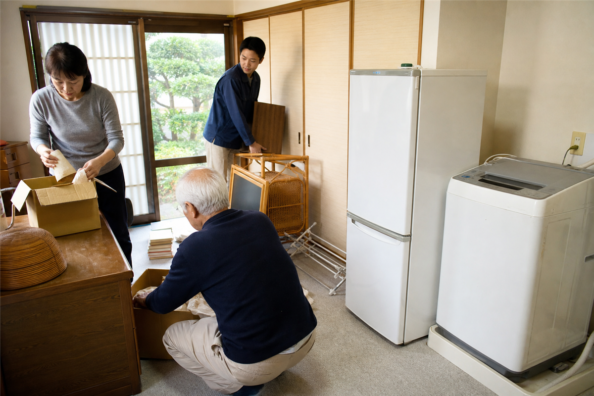 階段を通る家具の寸法を測る様子