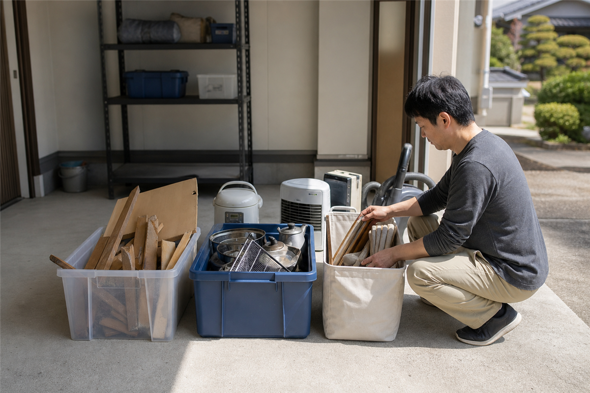 津市の分別区分を確認して家財を積み分ける様子