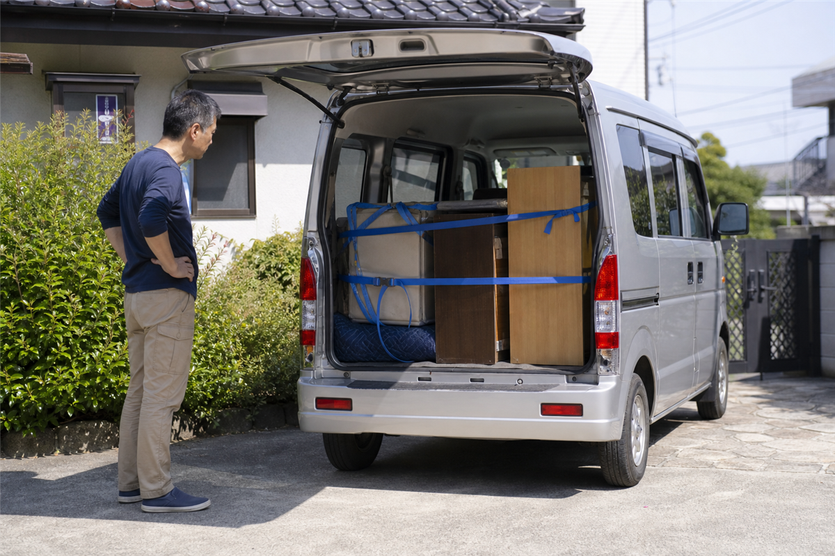 重い家財を安全に荷下ろしできるか確認する様子