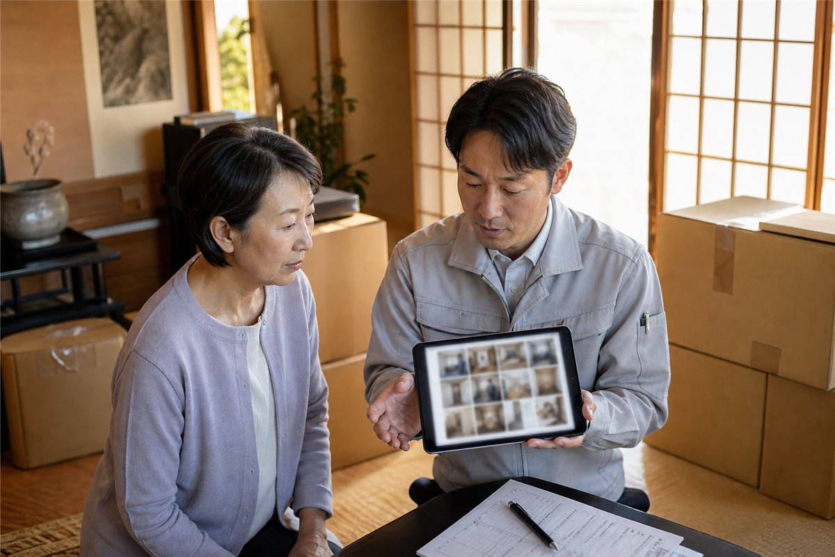 津市の住宅で大型家具の運び方を確認する様子
