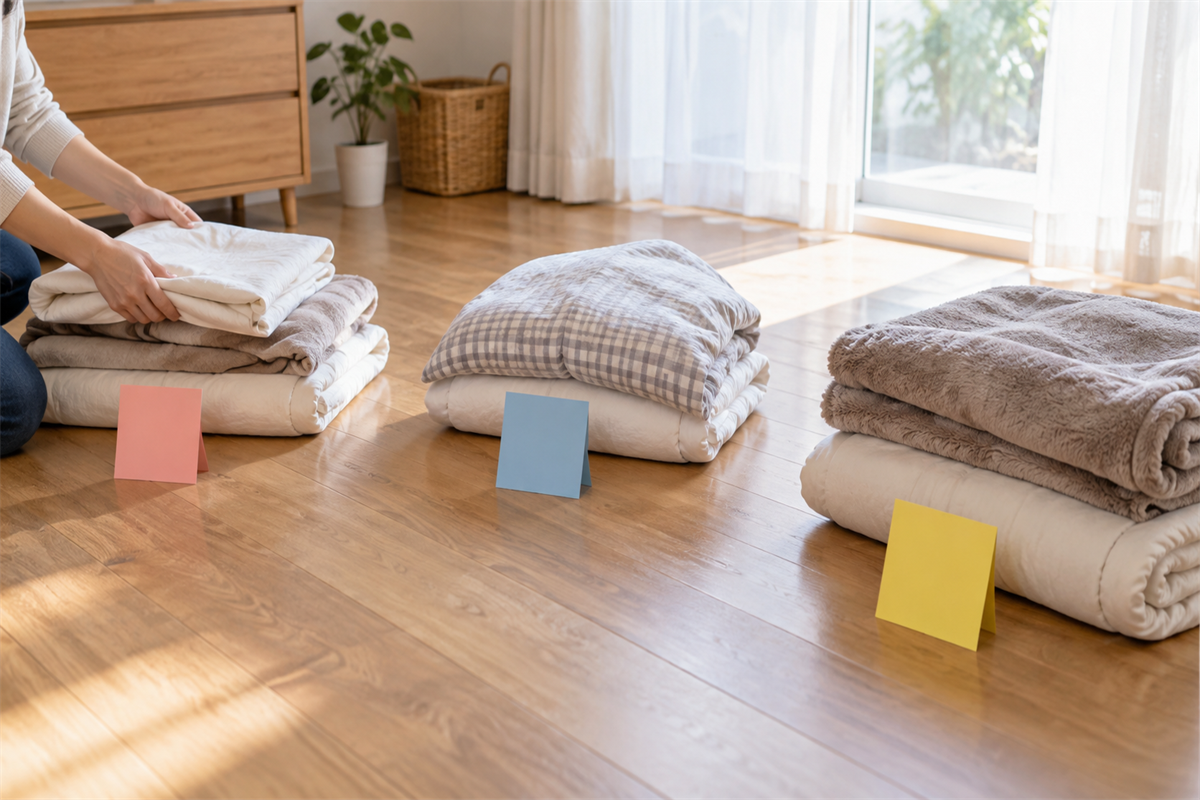故人の寝具を残す物・保留・手放す物に分ける室内