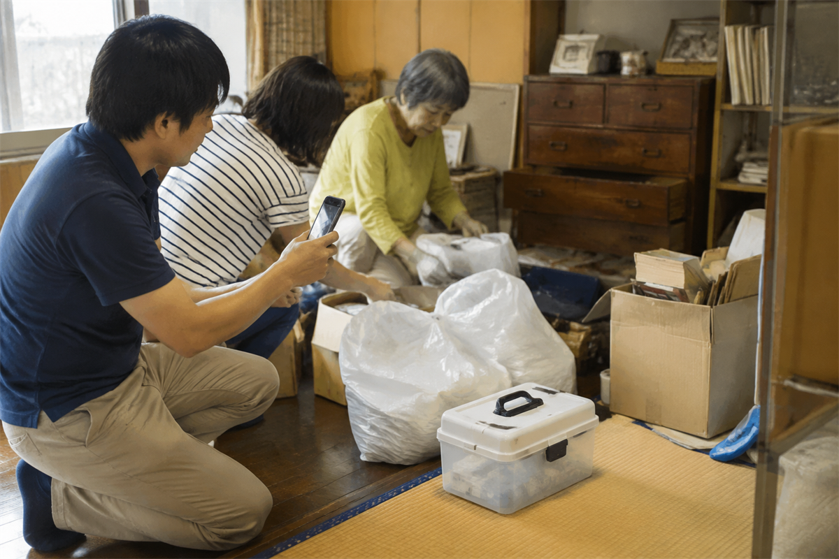 薬箱を家庭ごみの袋から離して置き場所を記録する様子