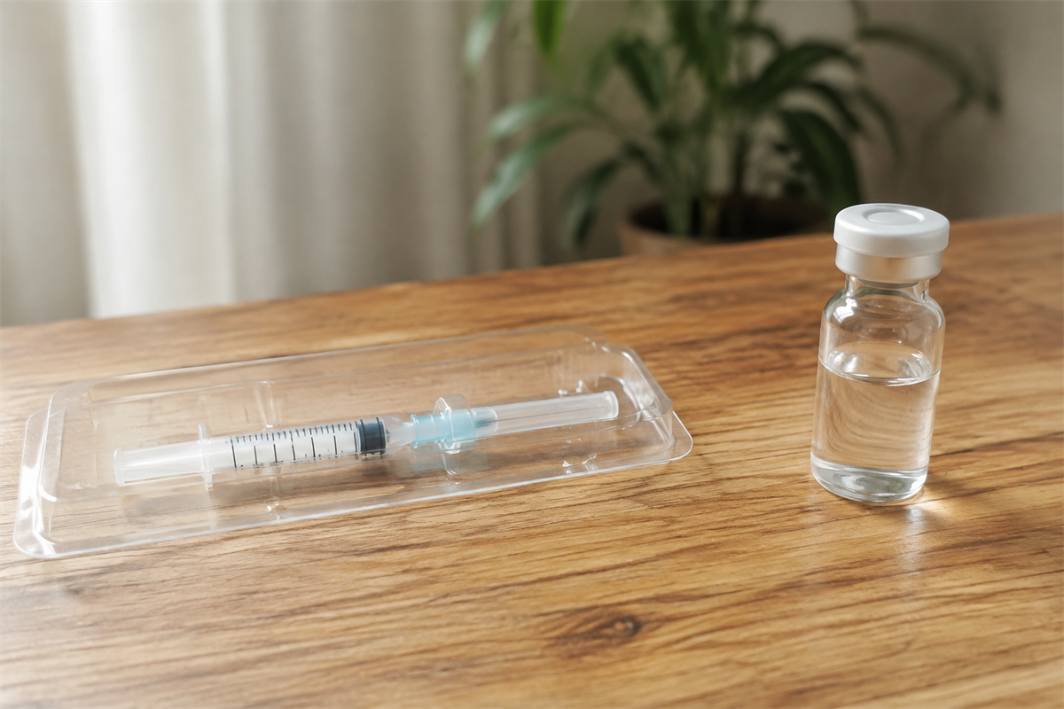 元の容器に入った注射針と残薬を触れずに確認する場面