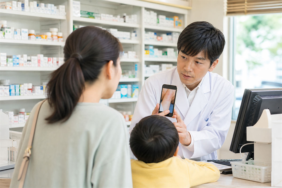 残薬と注射針の扱いを薬局で相談する家族