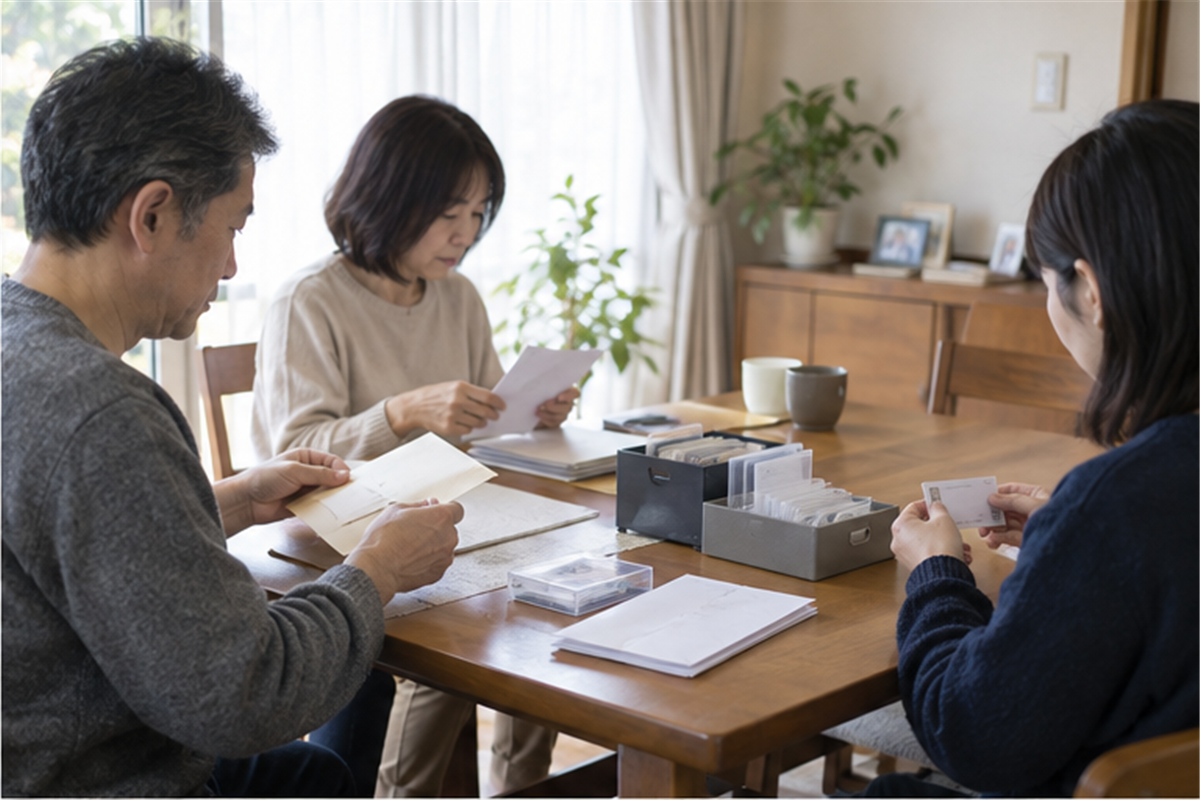 故人名義のカードを不透明な封筒へ入れて保管する家族