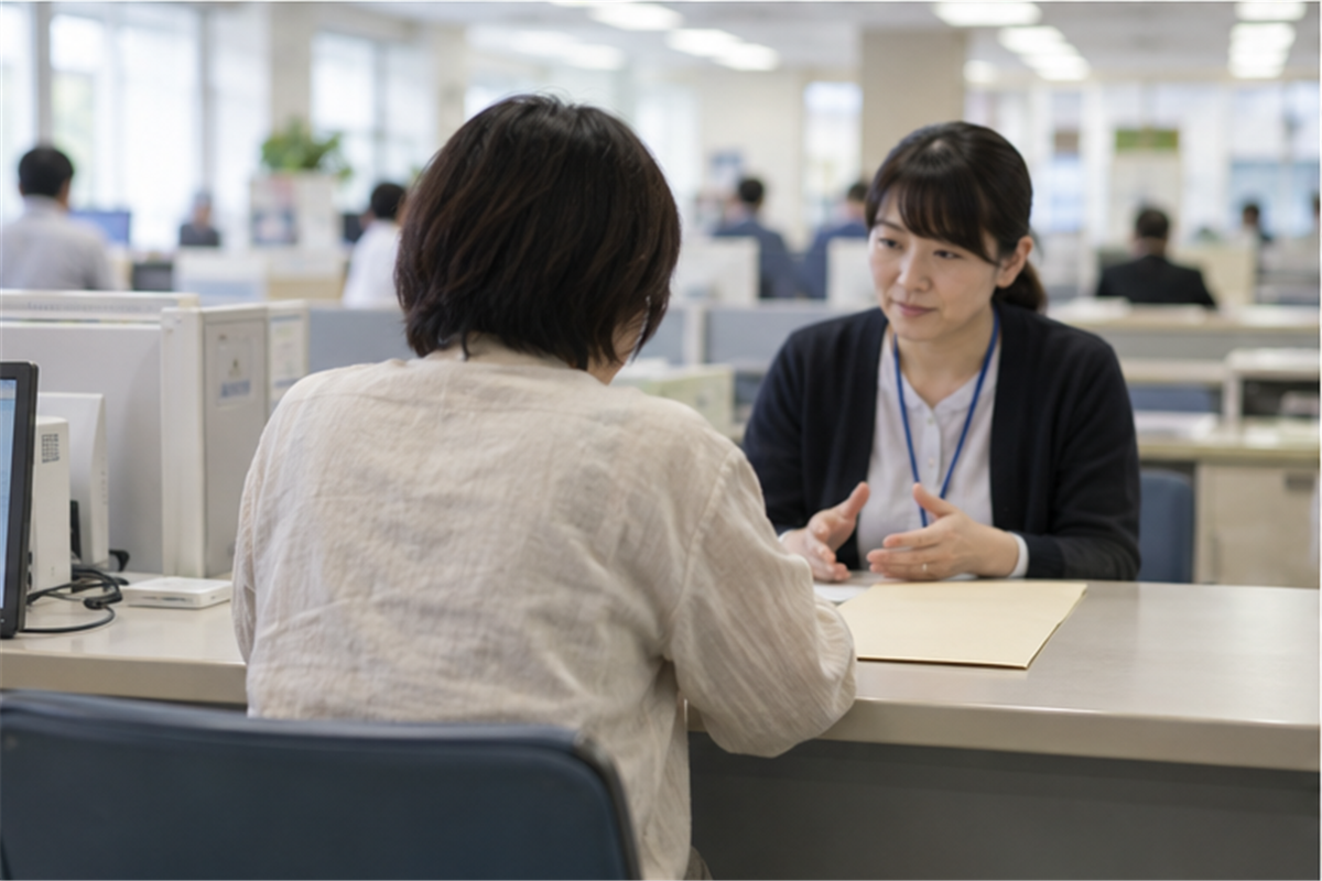 自治体窓口で封筒に入れたカードの扱いを相談する人