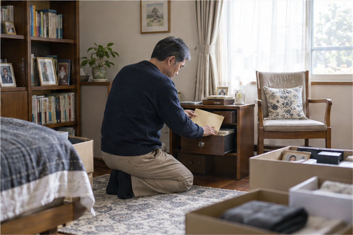 遺品整理の処分箱から離れた引き出しへ重要書類を保管する様子