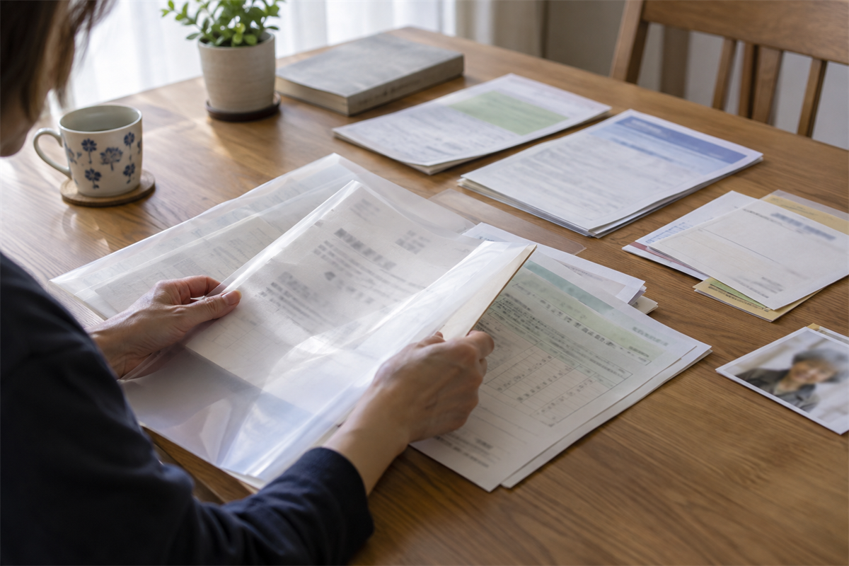 年金証書・年金手帳・基礎年金番号通知書を故人別にまとめる手元