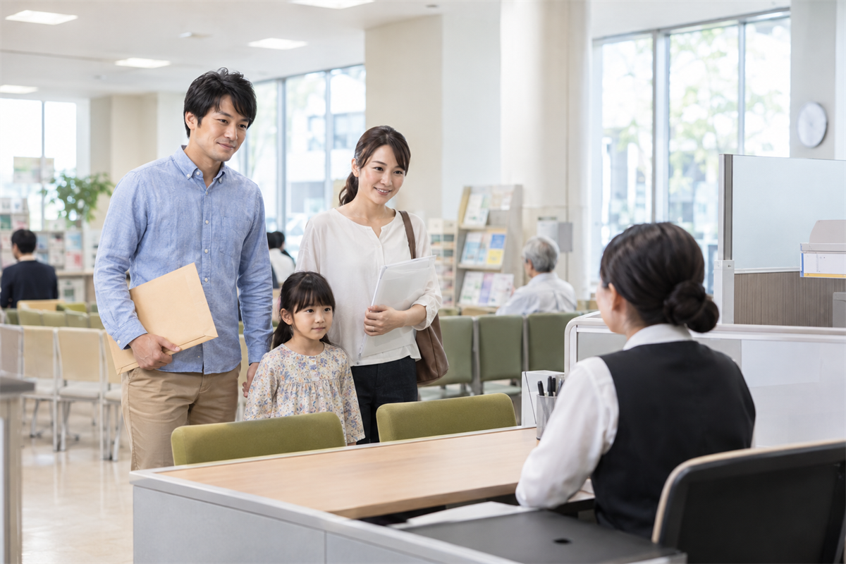 年金関係書類を持って公的相談窓口へ向かう家族