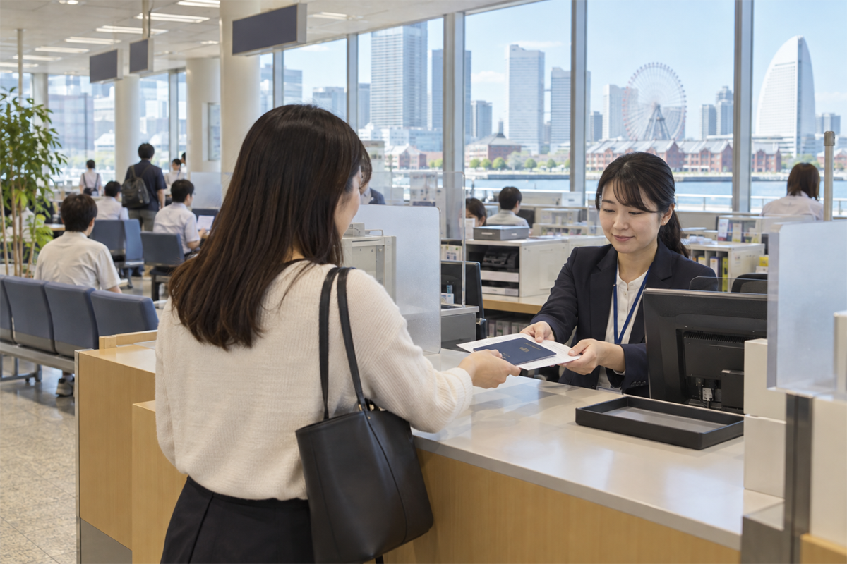 横浜市内の旅券窓口で故人のパスポートを届け出る様子