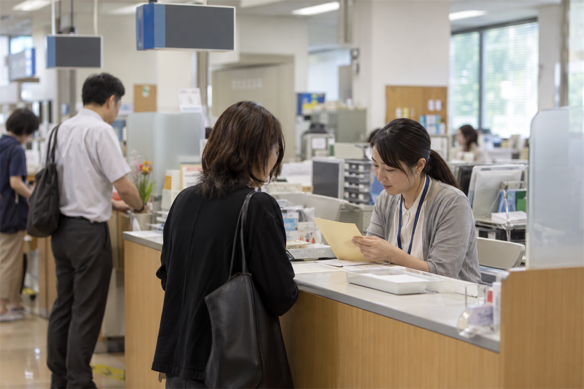 区役所の窓口で故人の印鑑登録証について確認する来庁者