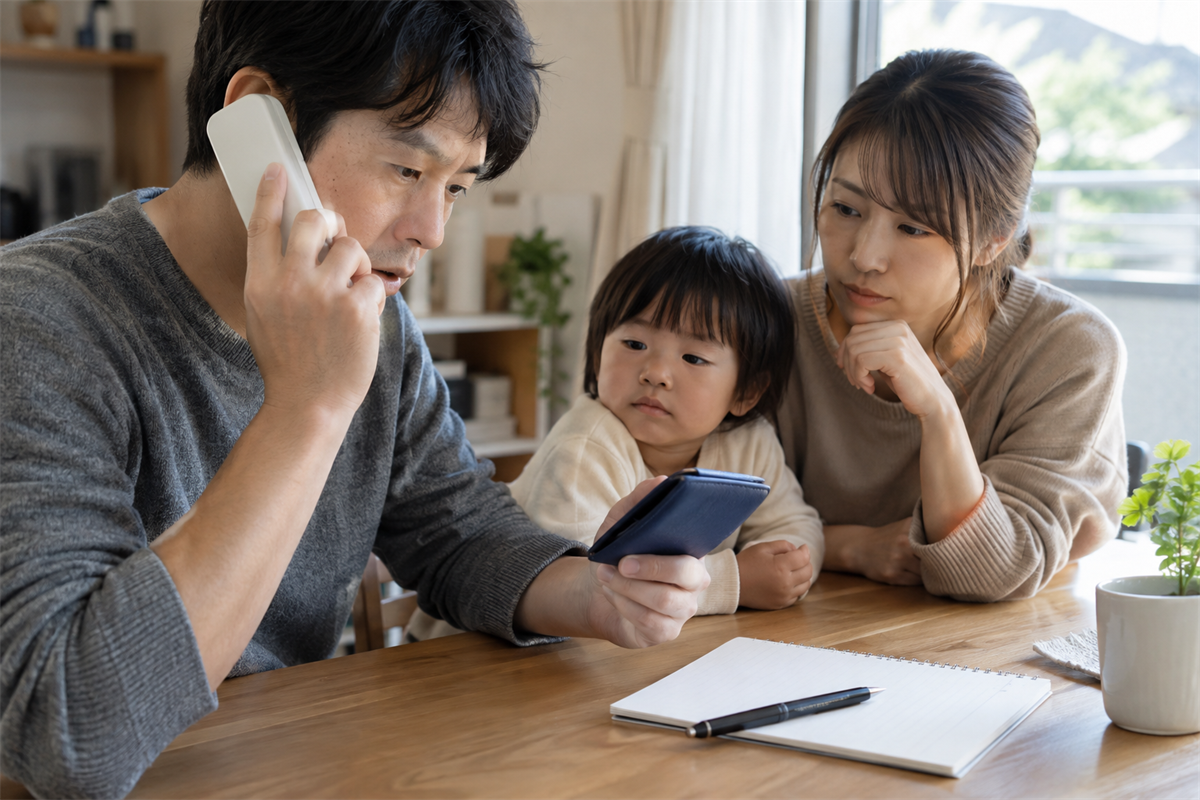 故人の印鑑登録証を手元に置いて区役所へ持参品を確認する家族