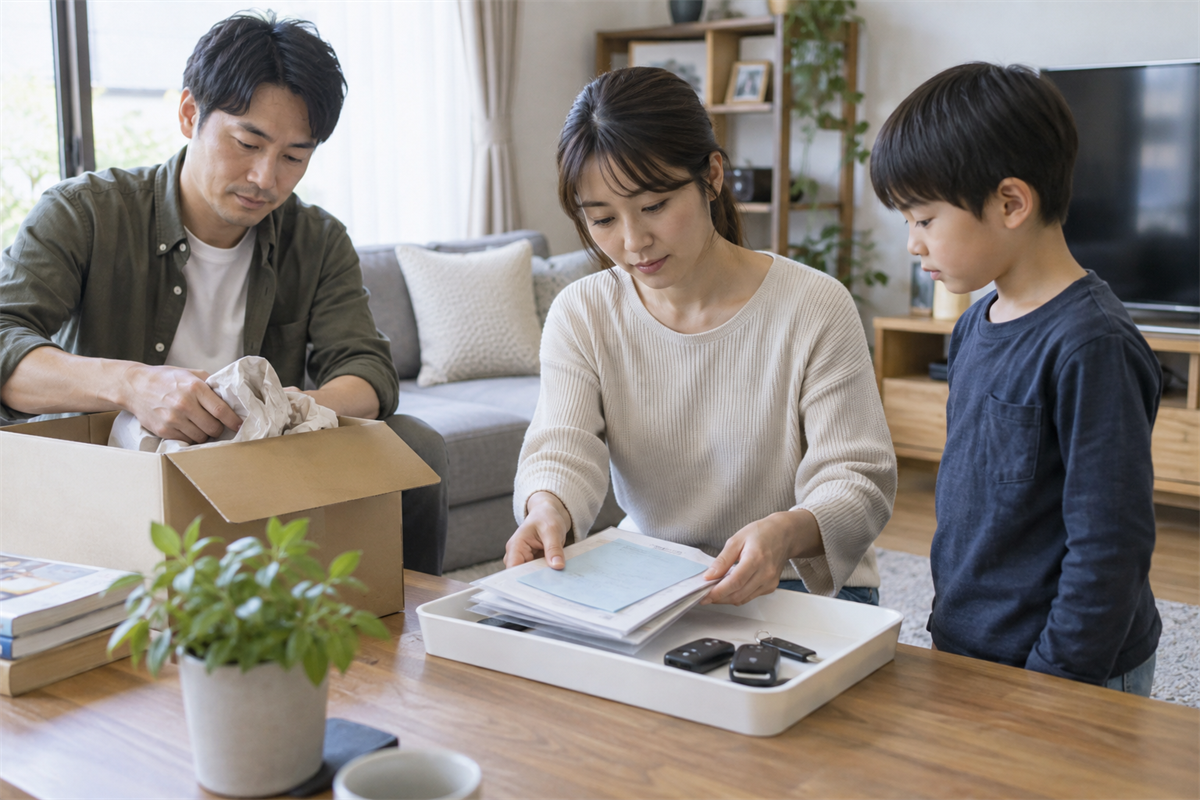 車関係の書類と鍵を処分品から分けて保全する遺品整理の場面