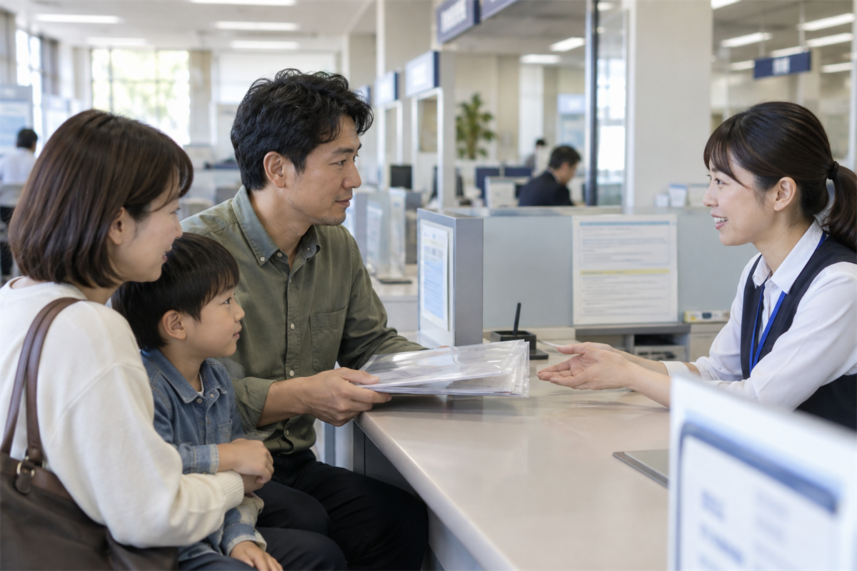 整理した車関係の書類を持って公的窓口へ相談する家族