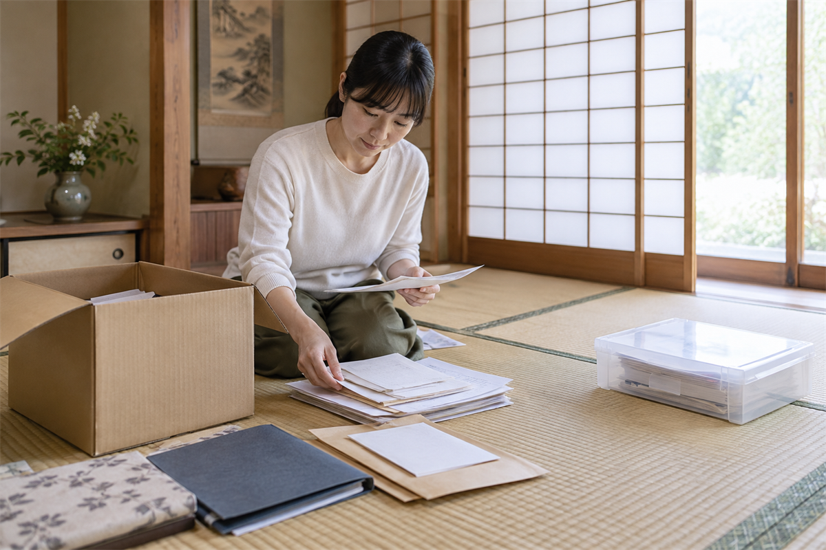 処分する紙類から介護保険の書類ケースを分ける遺品整理の場面