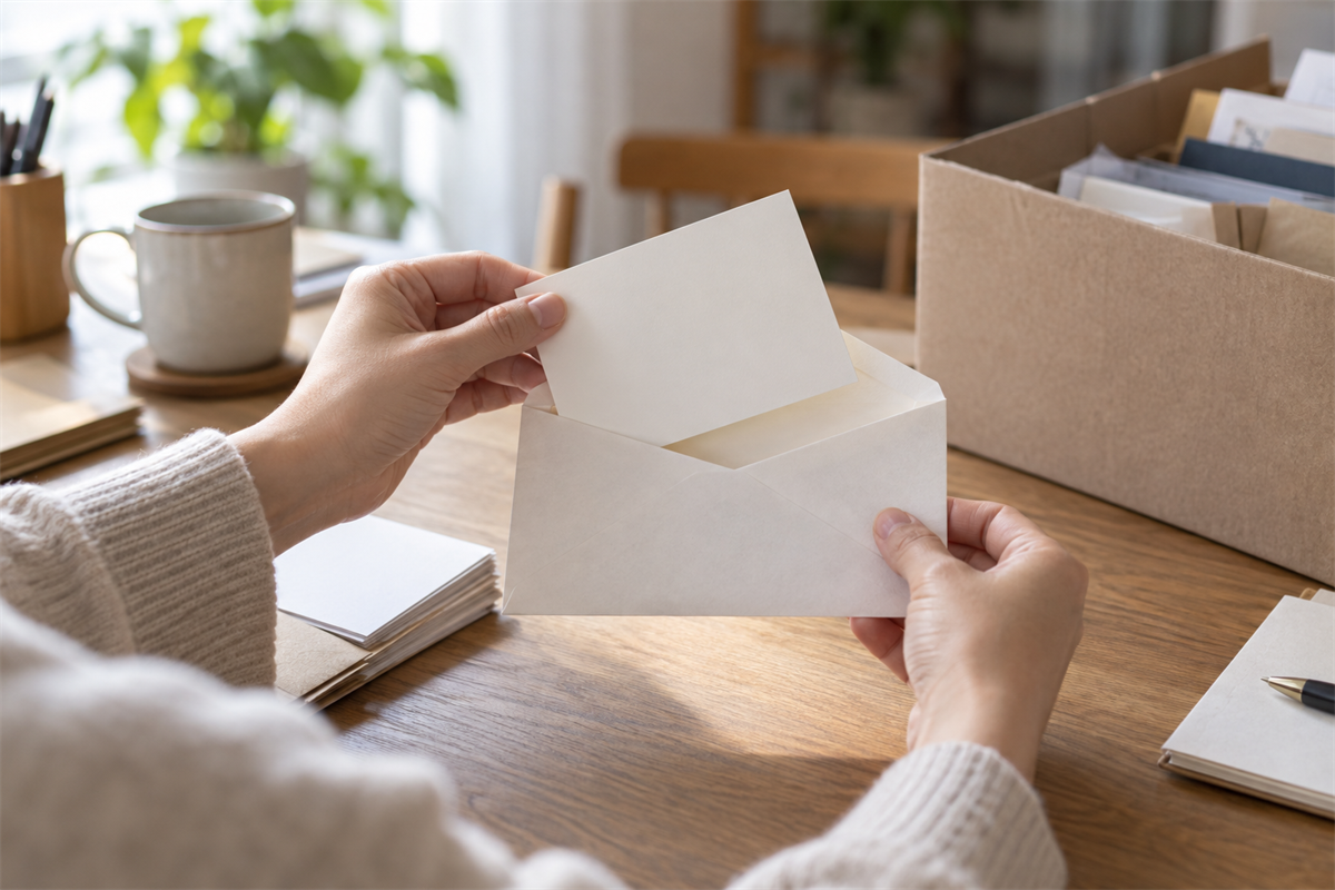故人のカードを不透明な封筒へ分けて保管する手元