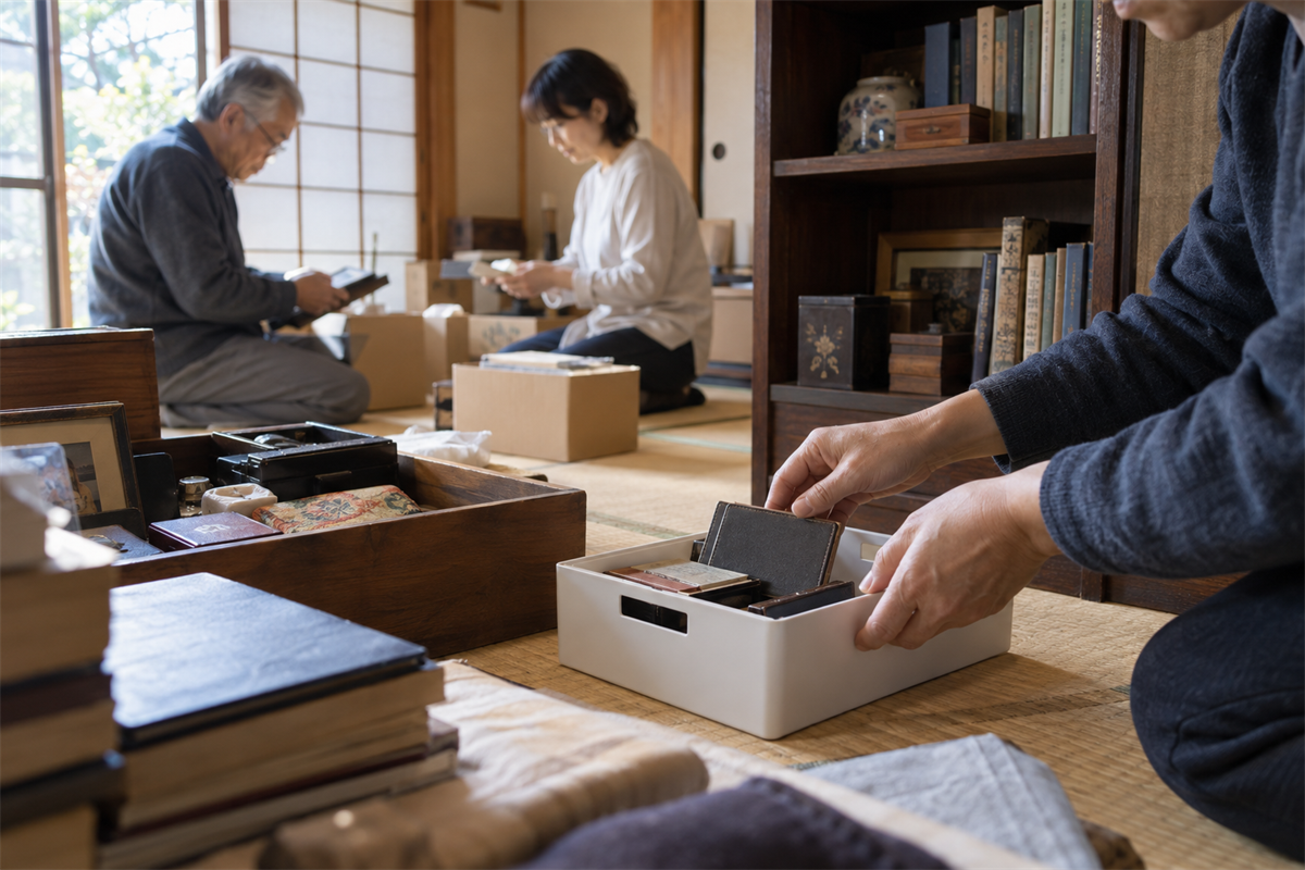 遺品整理中に見つけたカード類を保管トレーへ移す家族