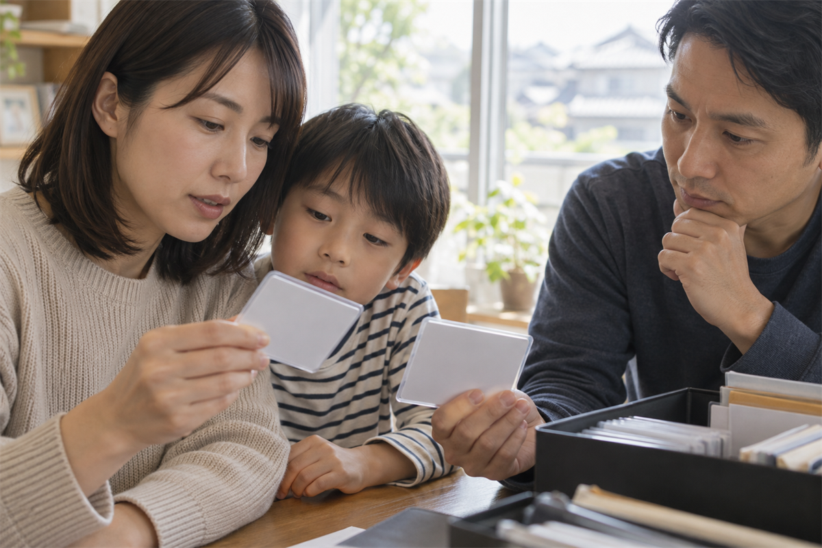 マイナ免許証の可能性があるカードをスリーブに入れて確認する手元