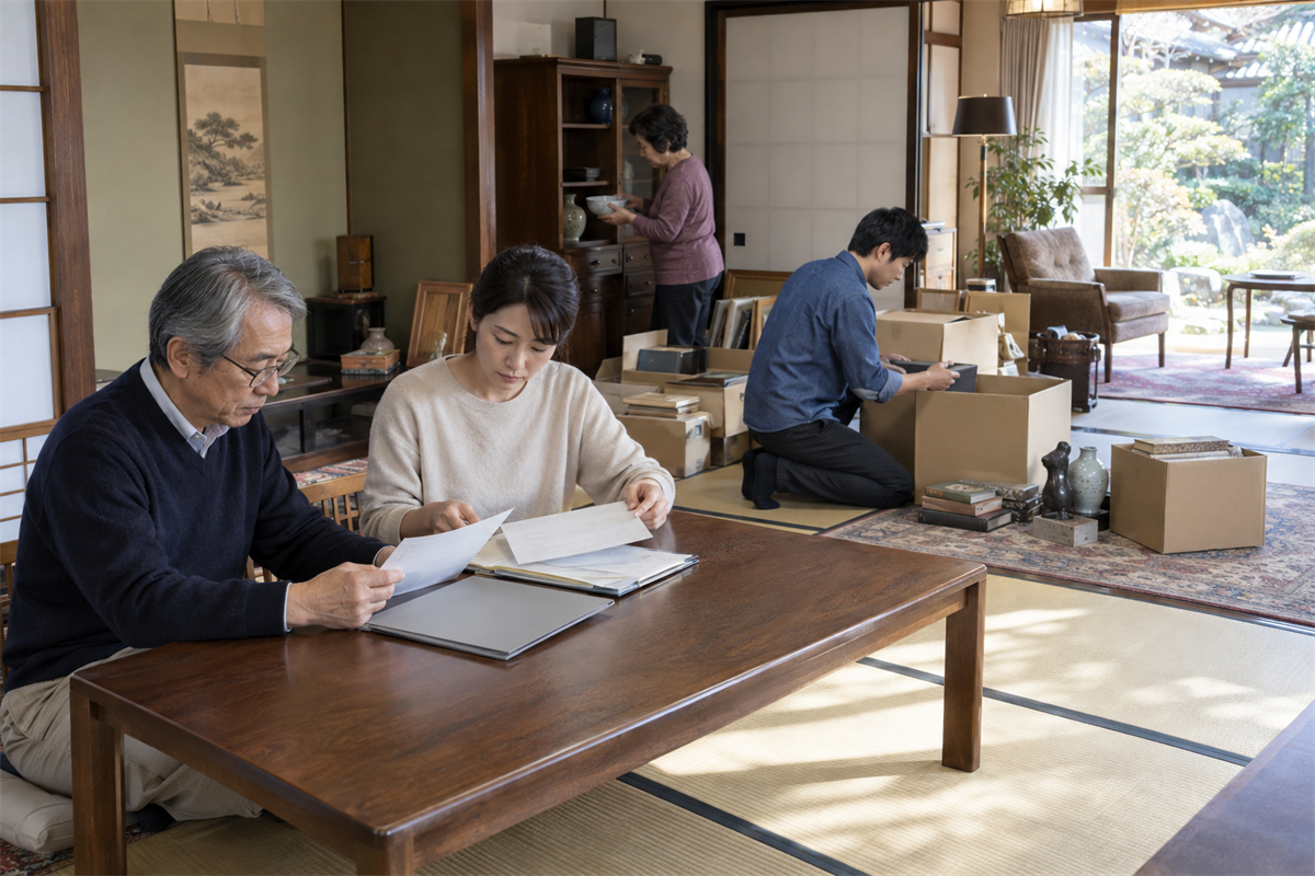 家一軒の遺品整理で重要書類を家財と分ける様子
