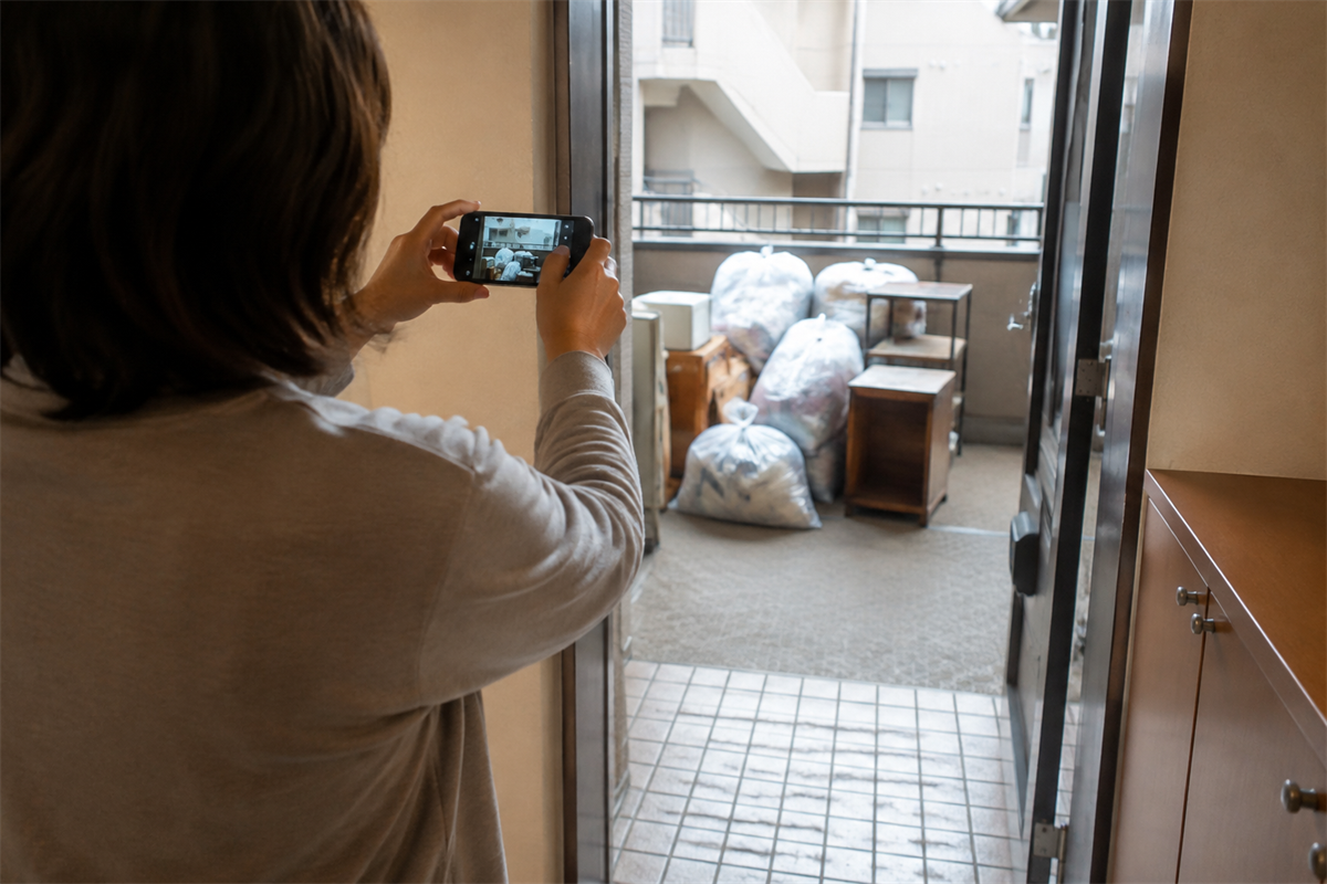 スマートフォンで荷物と搬出経路を撮影する様子