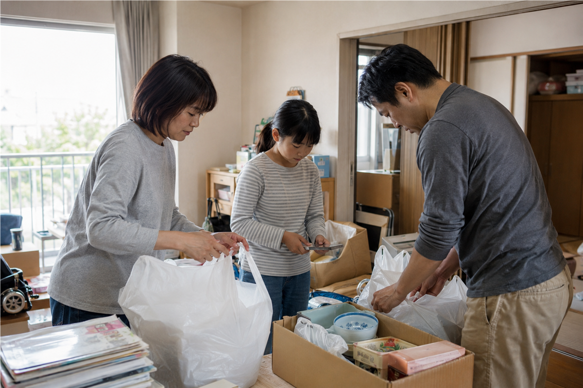 遺品整理で増えた家庭用品を袋や箱へ分ける様子