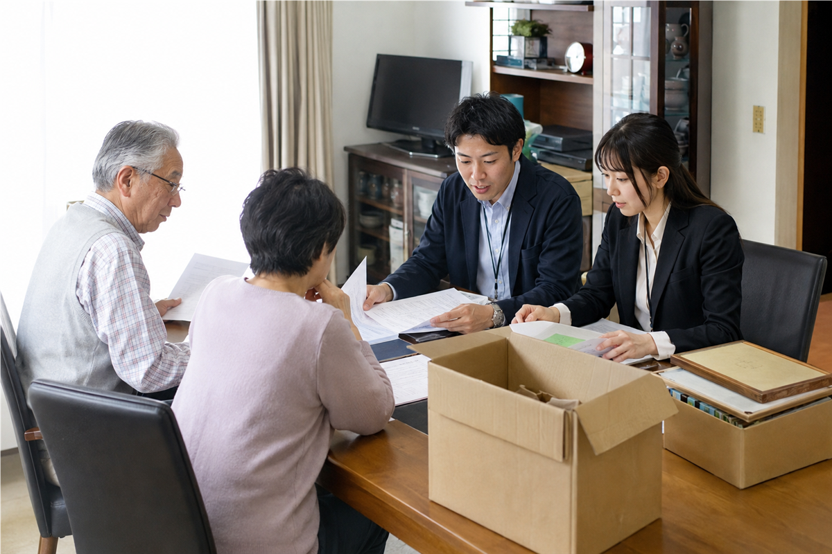 遺品整理の依頼者と担当者が許可や契約先を確認する場面