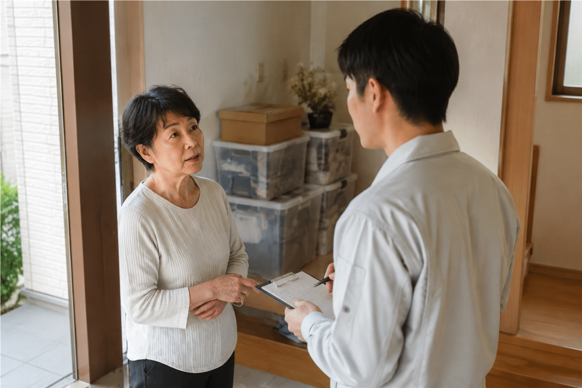 見積もり時に収集運搬を担当する事業者について質問する場面