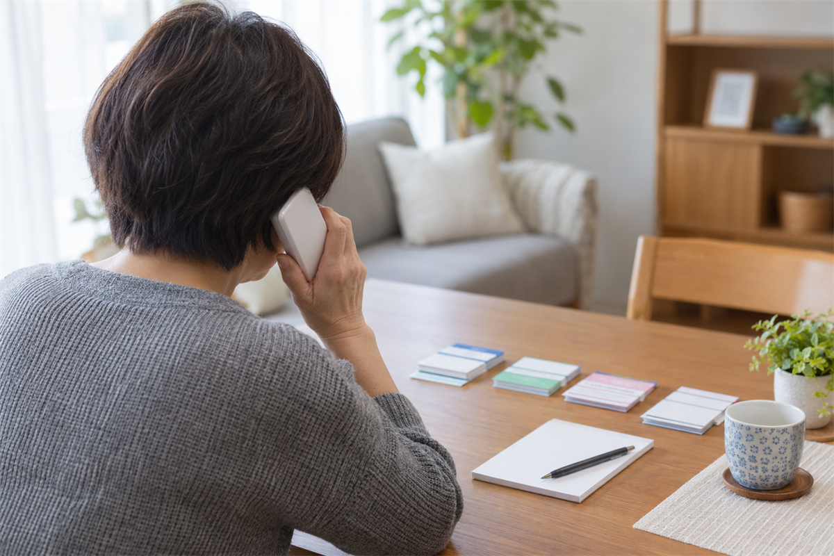 医療機関別に分けた診察券を前に電話で確認する家族