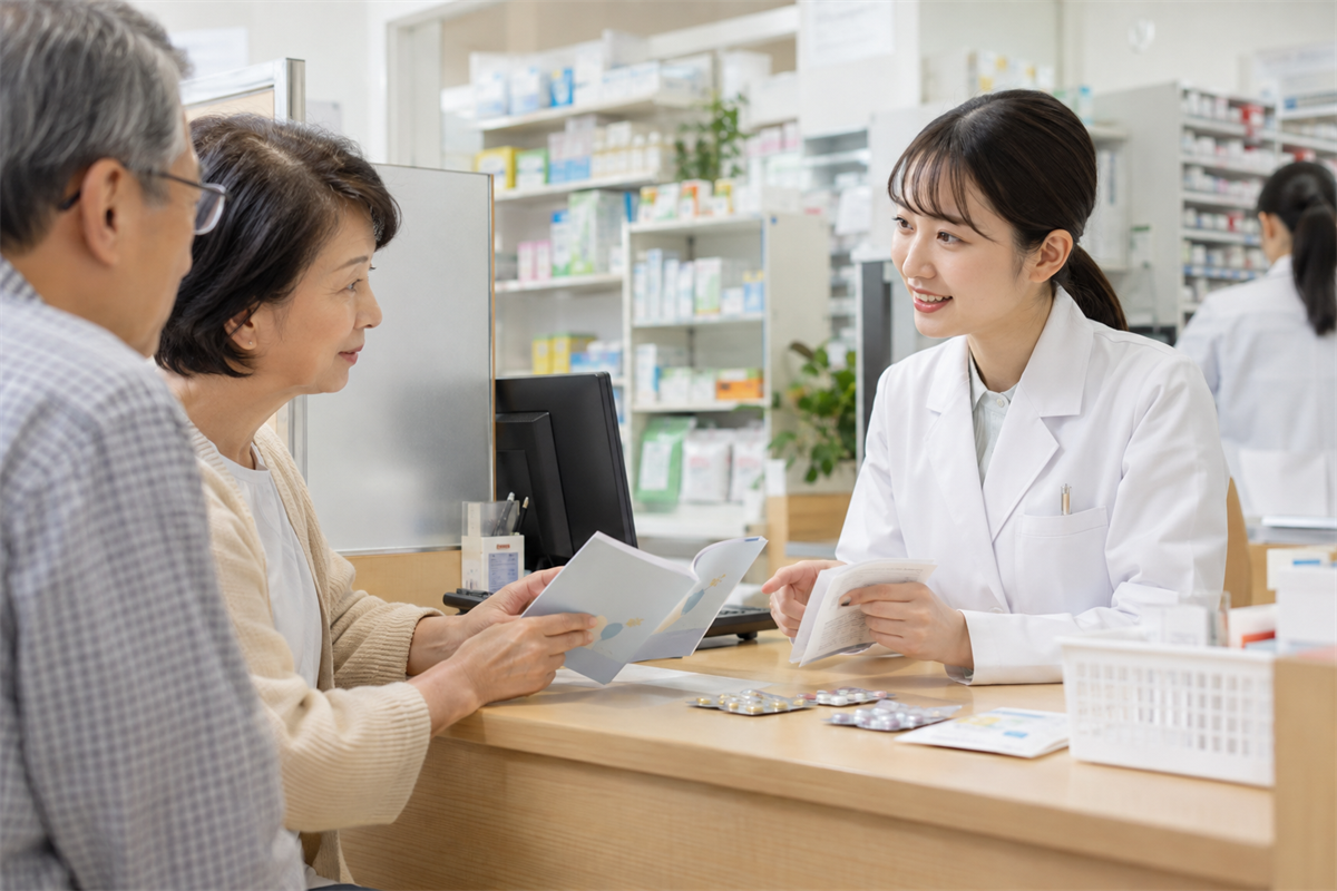 お薬手帳と残った薬について薬局で相談する家族