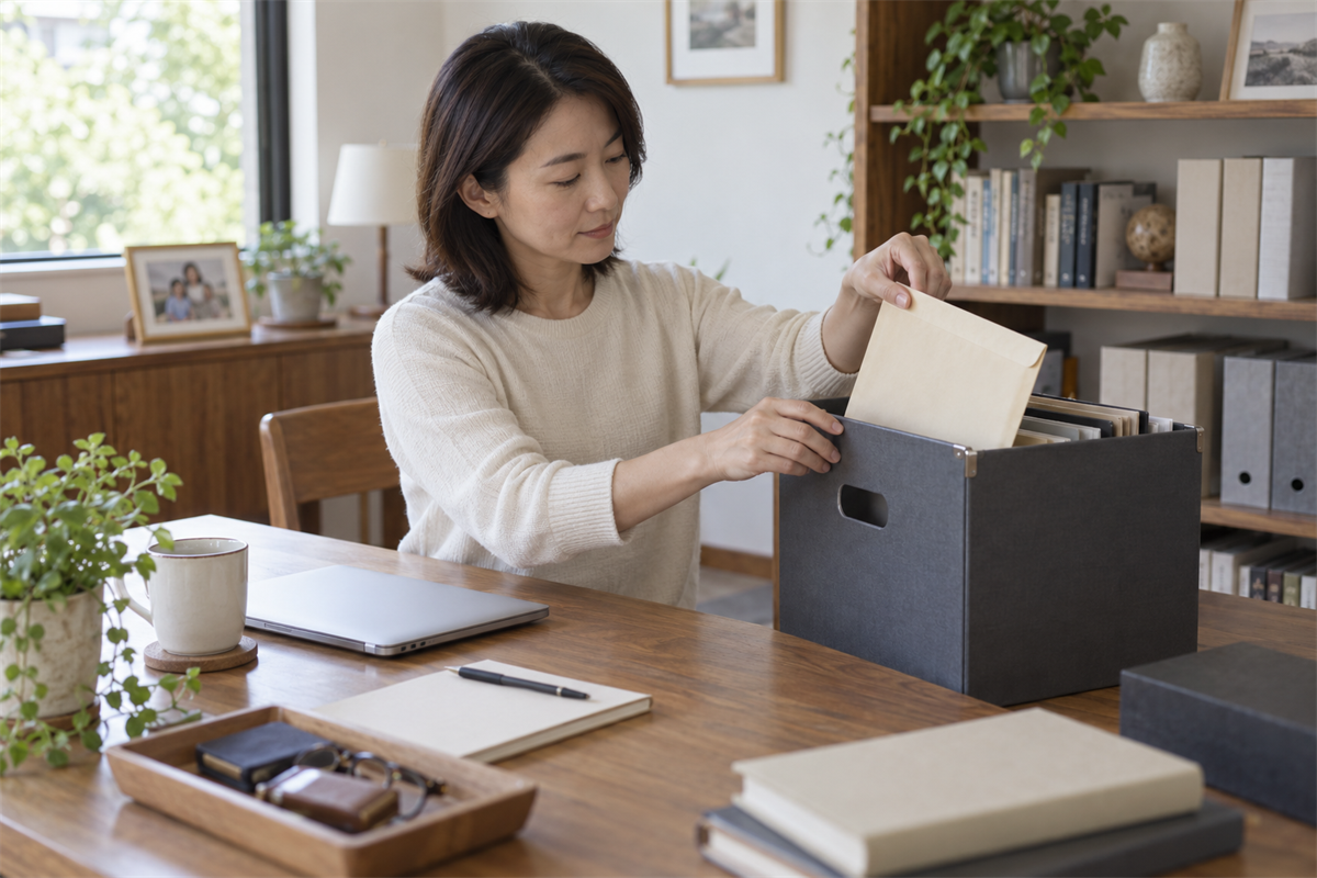 返納先の確認まで故人のパスポートをほかの遺品と分けて保管する様子