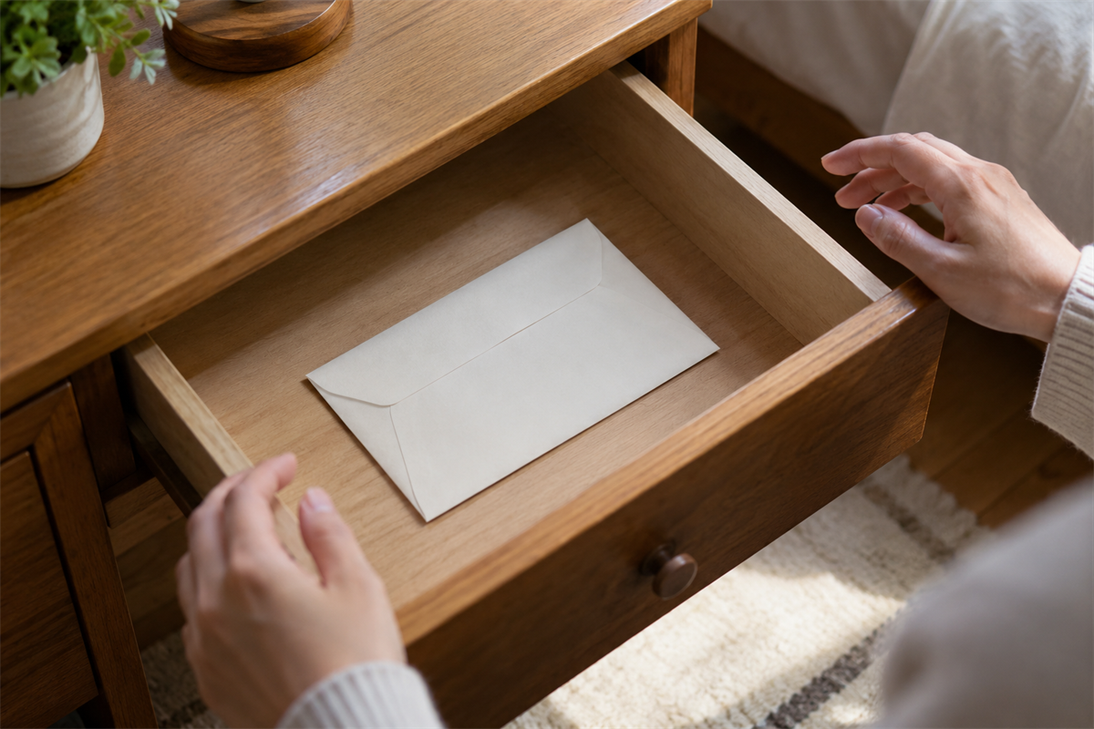 机の引き出しで見つかった封筒を開けずに確認する様子