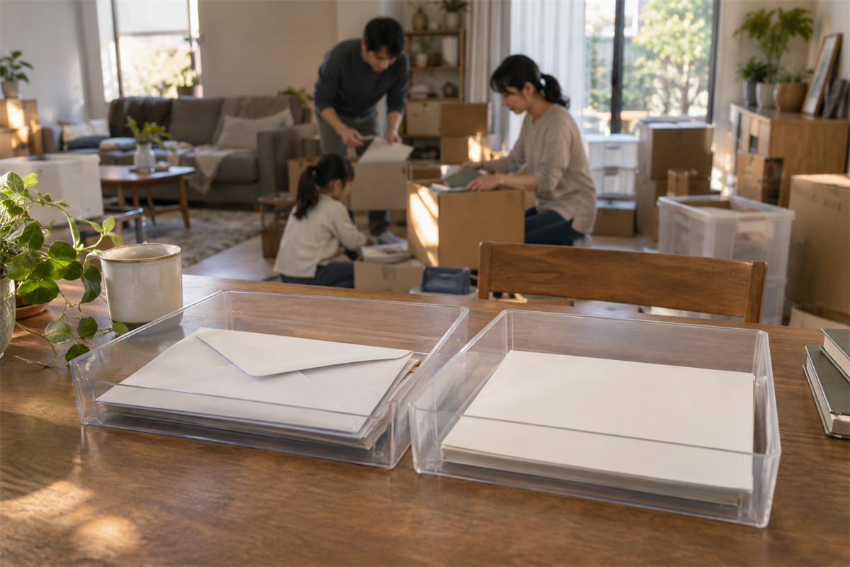 発見メモと封筒を分けて保管し家族で共有する場面