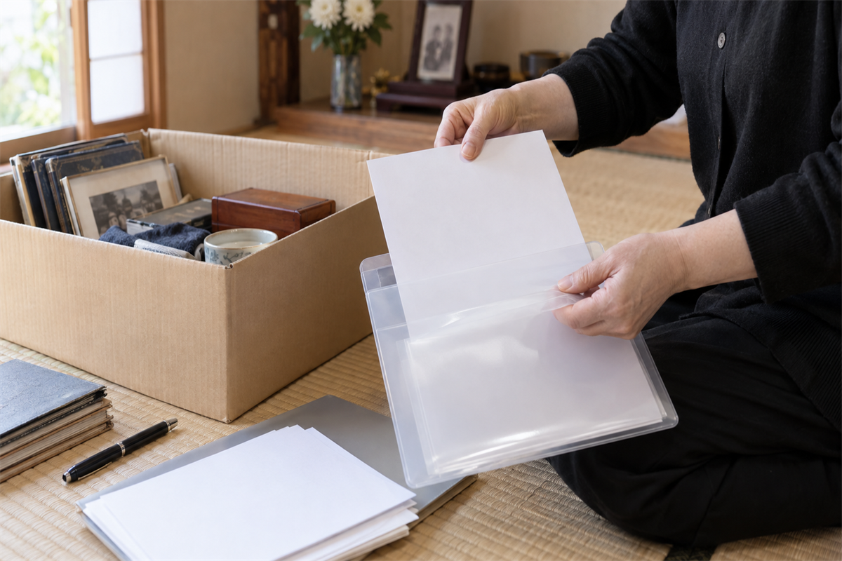 生命保険証券を処分品から取り分けてファイルへ収める手元