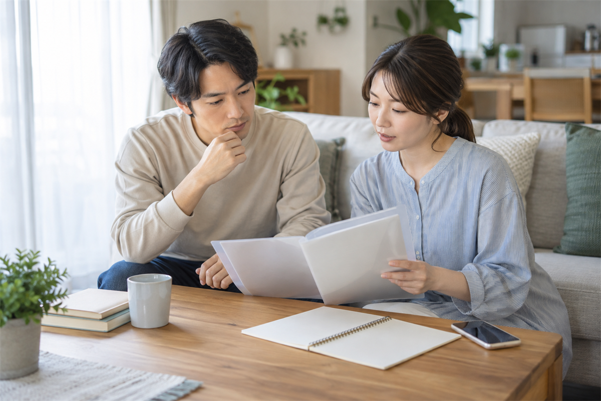 生命保険の書類を確認し保険会社への連絡を準備する家族