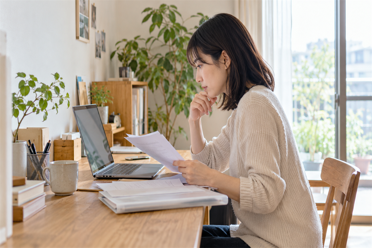 保管した書類を手元に置いて公式の確認先を調べる様子