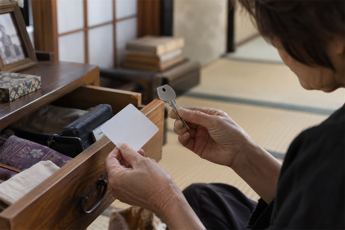 貸金庫らしい鍵とカードを前に開錠を試さず手を止める様子